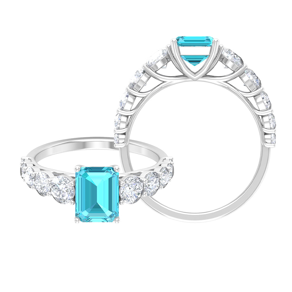 Octagon Cut Swiss Blue Topaz and Moissanite Side Stone Engagement Ring Swiss Blue Topaz - ( AAA ) - Quality - Rosec Jewels