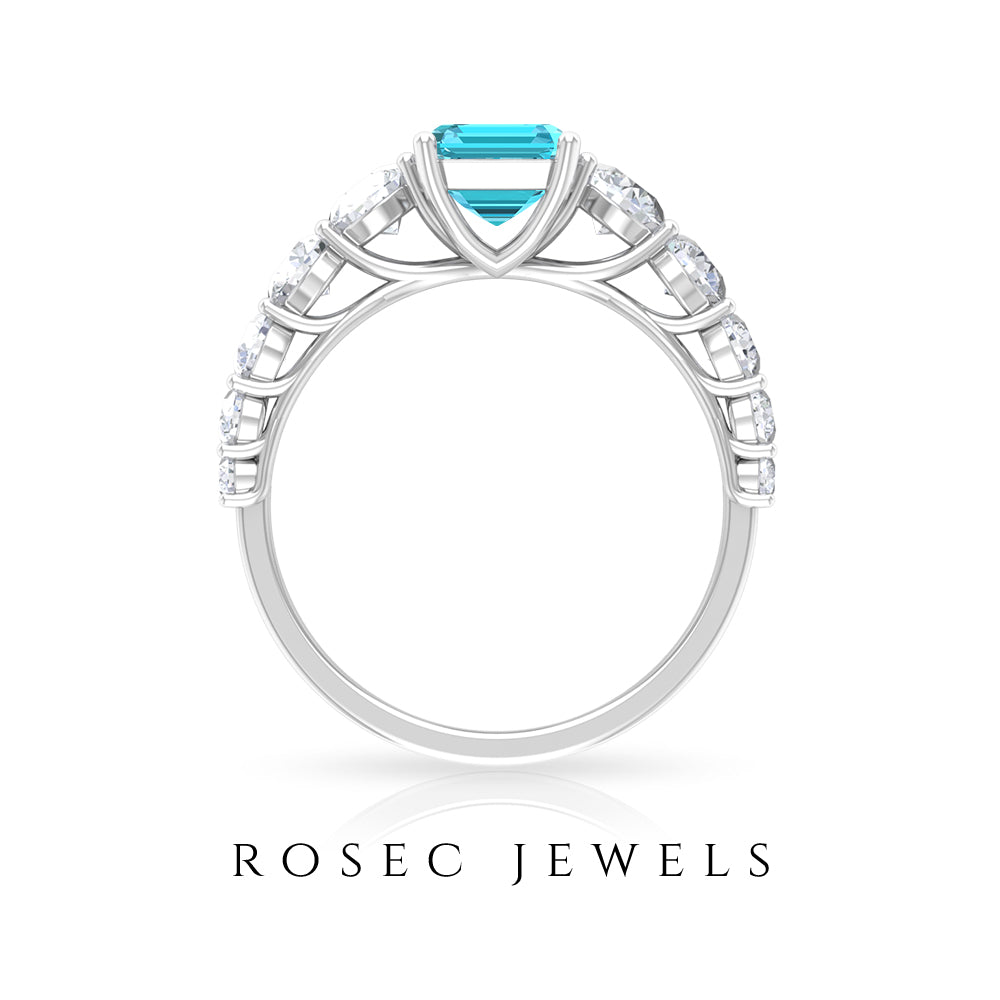 Octagon Cut Swiss Blue Topaz and Moissanite Side Stone Engagement Ring Swiss Blue Topaz - ( AAA ) - Quality - Rosec Jewels