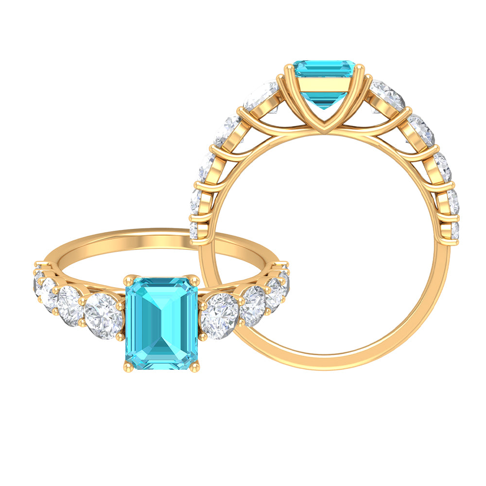 Octagon Cut Swiss Blue Topaz and Moissanite Side Stone Engagement Ring Swiss Blue Topaz - ( AAA ) - Quality - Rosec Jewels