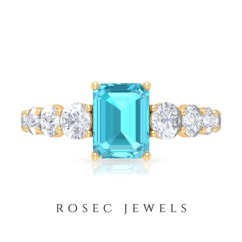 Octagon Cut Swiss Blue Topaz and Moissanite Side Stone Engagement Ring Swiss Blue Topaz - ( AAA ) - Quality - Rosec Jewels