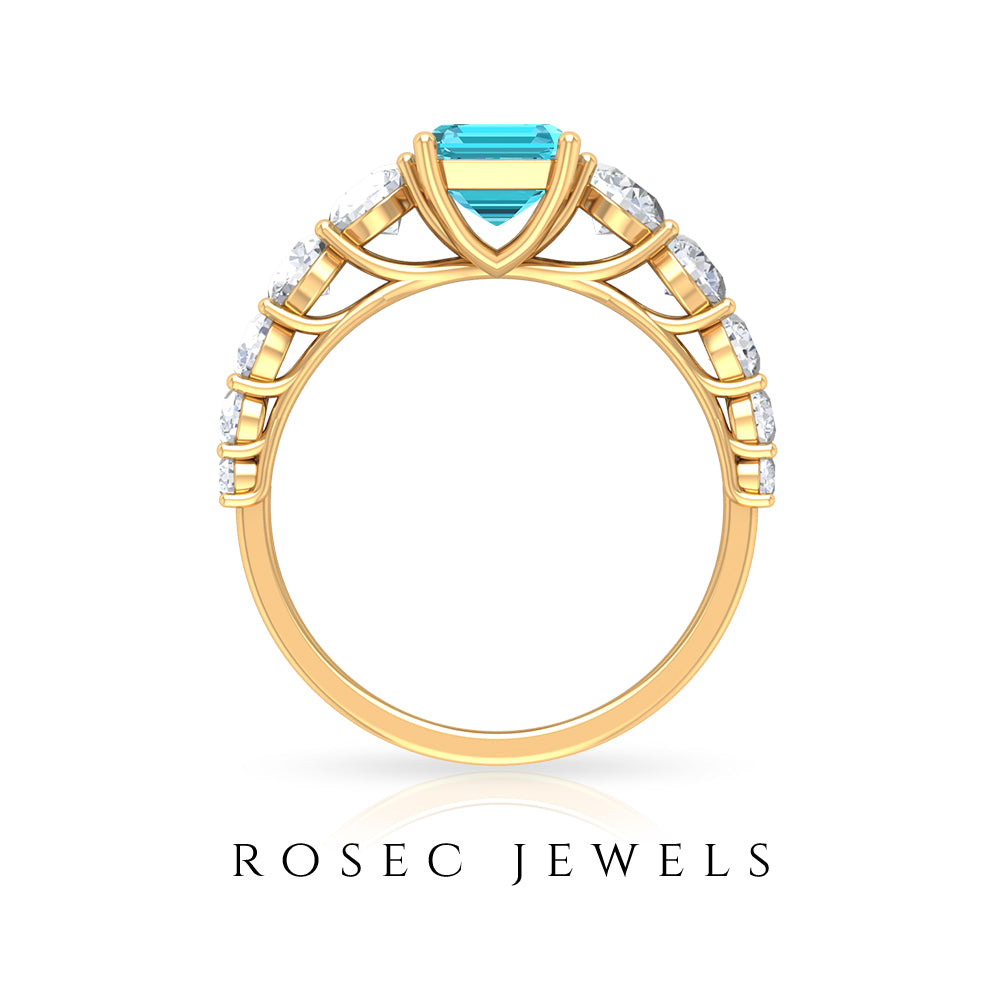 Octagon Cut Swiss Blue Topaz and Moissanite Side Stone Engagement Ring Swiss Blue Topaz - ( AAA ) - Quality - Rosec Jewels