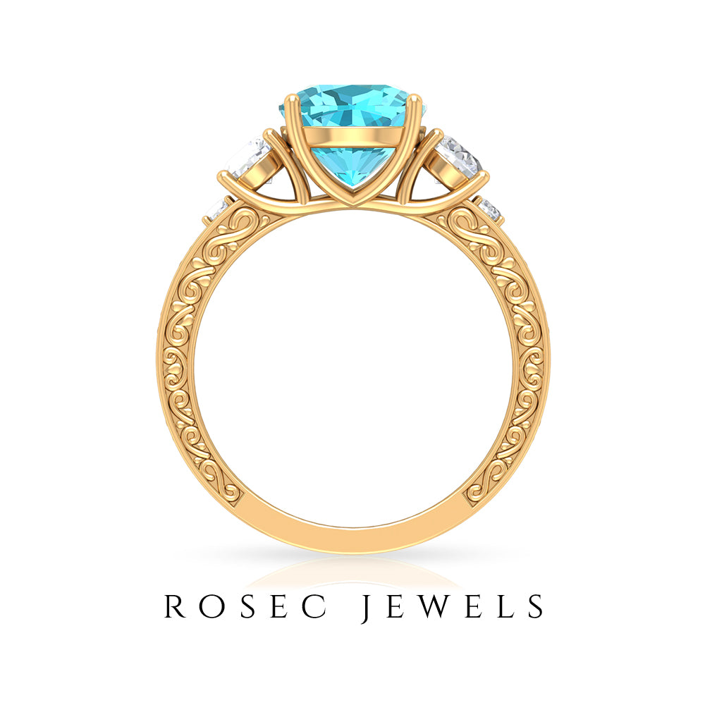 8 MM Three Stone Cushion Cut Swiss Blue Topaz Solitaire with Moissanite Engagement Ring Swiss Blue Topaz - ( AAA ) - Quality - Rosec Jewels