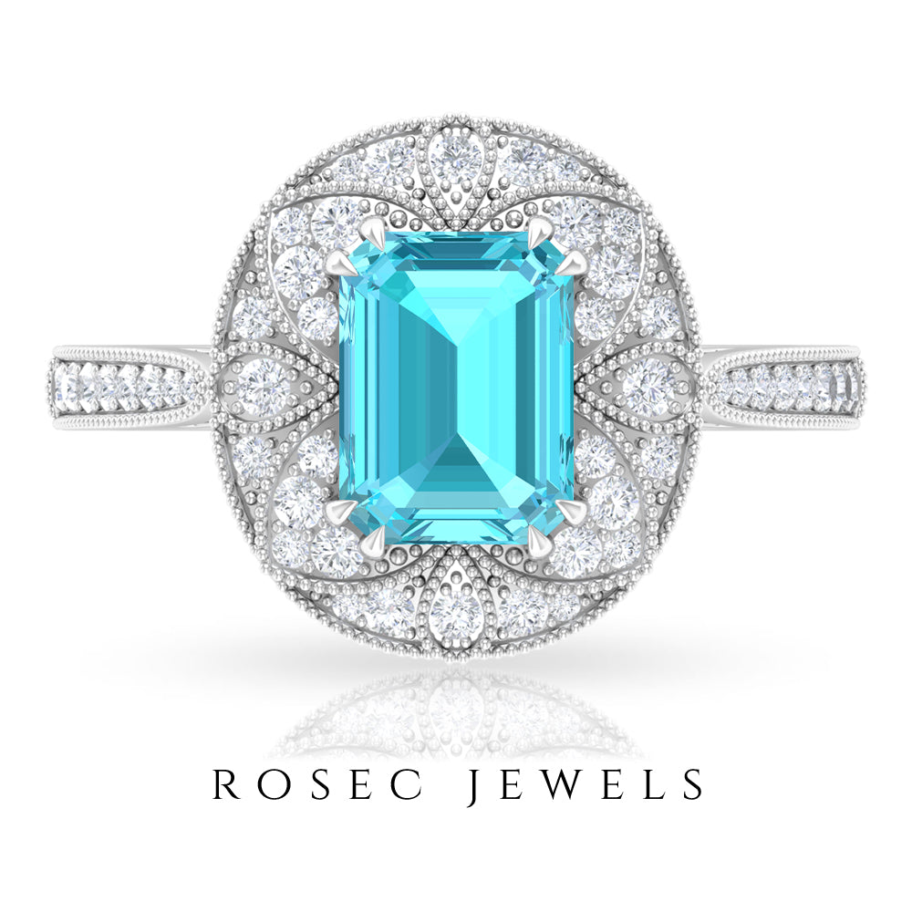 6X8 MM Emerald Cut Swiss Blue Topaz Solitaire with Diamond Vintage Ring Swiss Blue Topaz - ( AAA ) - Quality - Rosec Jewels