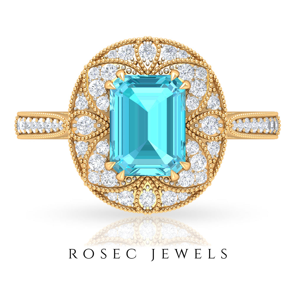 6X8 MM Emerald Cut Swiss Blue Topaz Solitaire with Diamond Vintage Ring Swiss Blue Topaz - ( AAA ) - Quality - Rosec Jewels