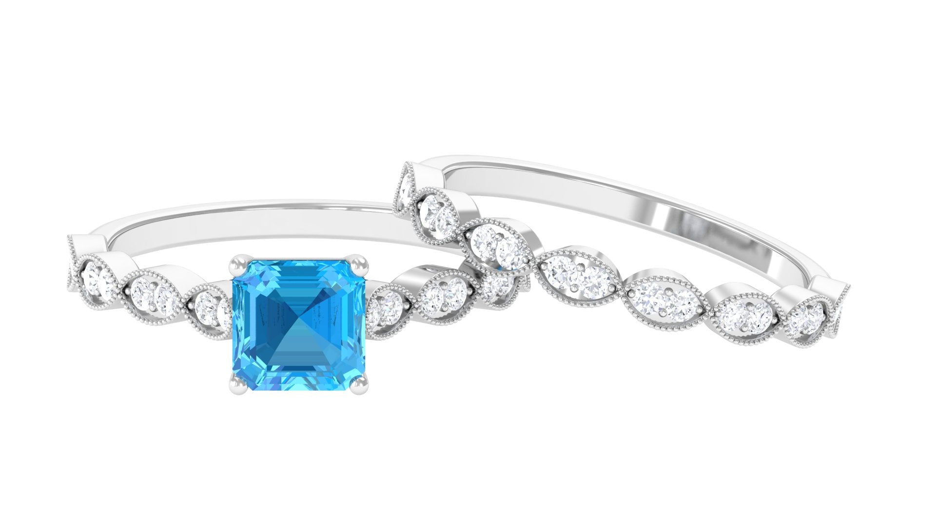 Swiss Blue Topaz Wedding Ring Set with Moissanite Swiss Blue Topaz - ( AAA ) - Quality - Rosec Jewels