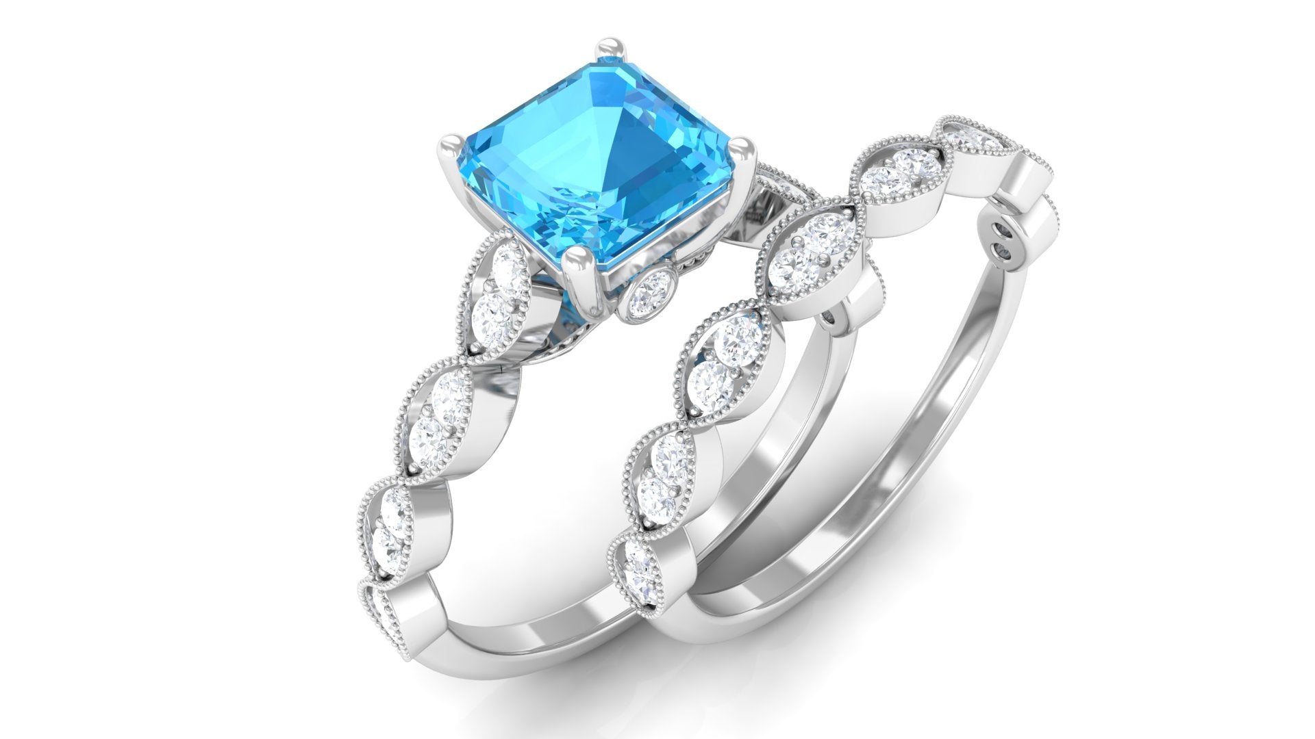 Swiss Blue Topaz Wedding Ring Set with Moissanite Swiss Blue Topaz - ( AAA ) - Quality - Rosec Jewels