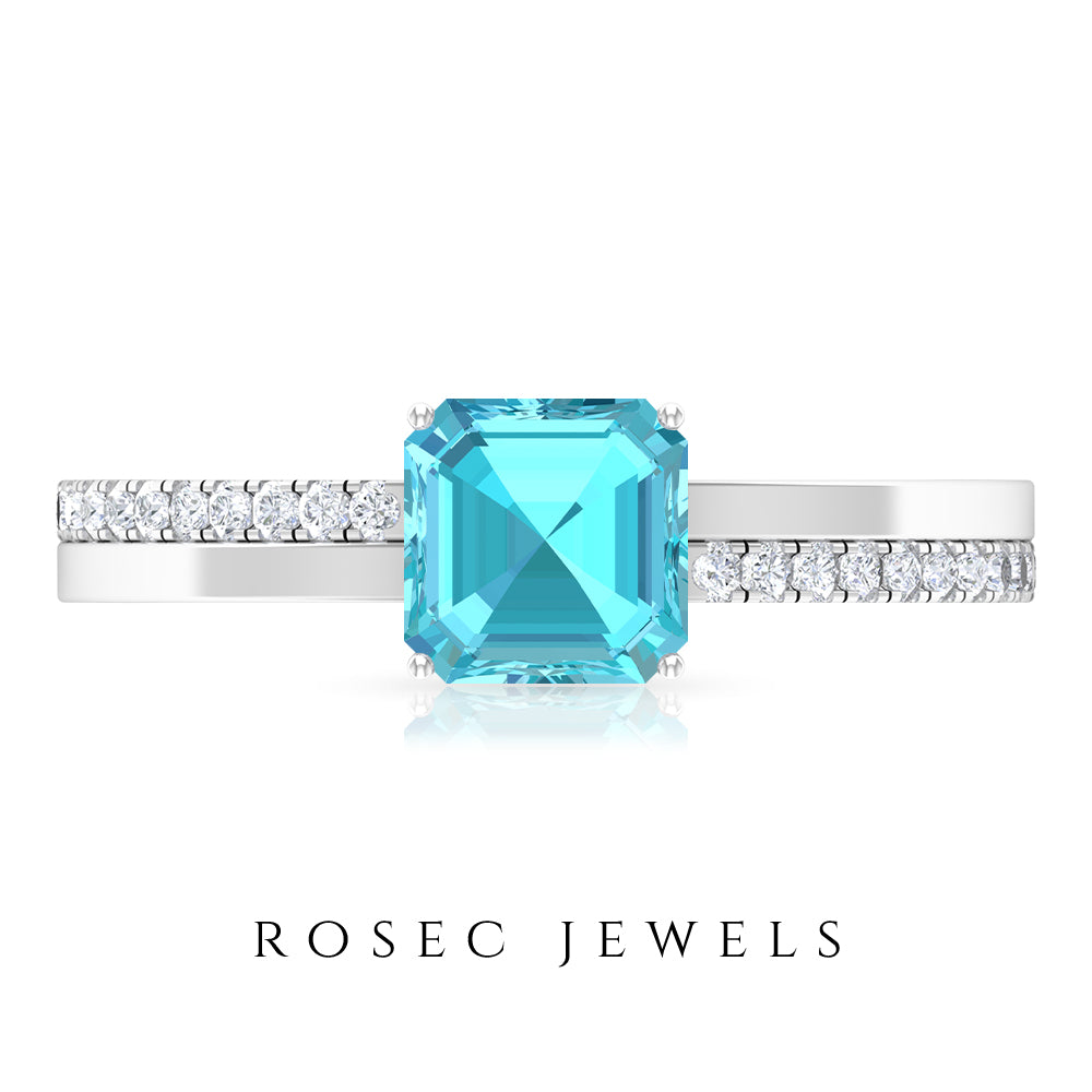 6 MM Two Tone Asscher Cut Swiss Blue Topaz Solitaire with Diamond Side Stone Ring Swiss Blue Topaz - ( AAA ) - Quality - Rosec Jewels