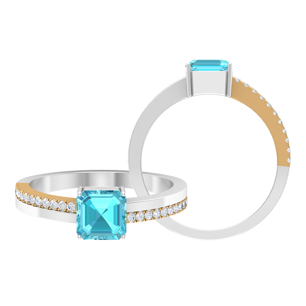 6 MM Two Tone Asscher Cut Swiss Blue Topaz Solitaire with Diamond Side Stone Ring Swiss Blue Topaz - ( AAA ) - Quality - Rosec Jewels