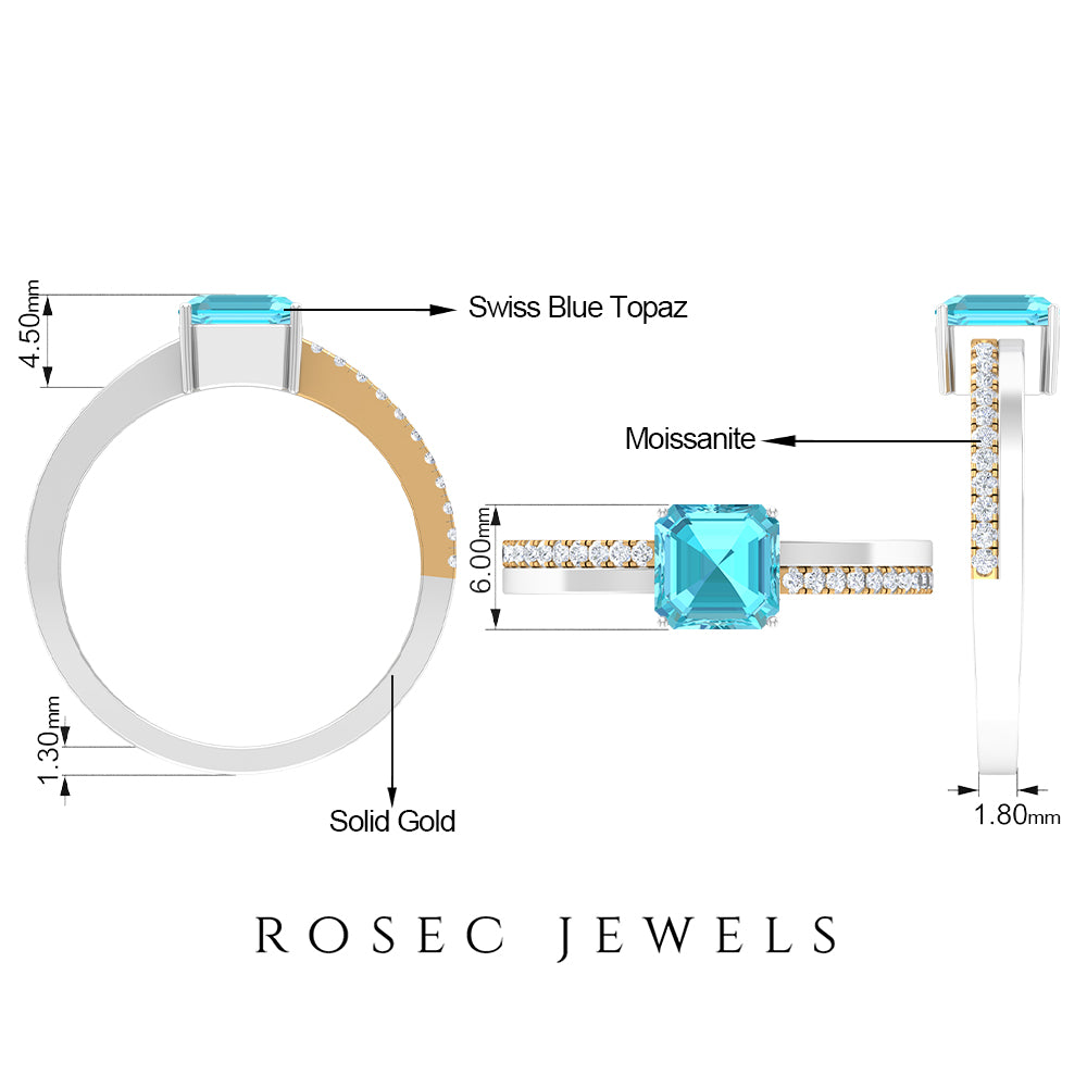 6 MM Two Tone Asscher Cut Swiss Blue Topaz Solitaire with Diamond Side Stone Ring Swiss Blue Topaz - ( AAA ) - Quality - Rosec Jewels