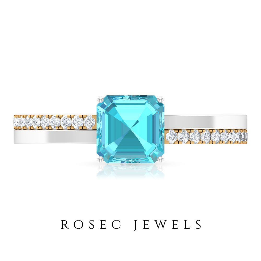 6 MM Two Tone Asscher Cut Swiss Blue Topaz Solitaire with Diamond Side Stone Ring Swiss Blue Topaz - ( AAA ) - Quality - Rosec Jewels