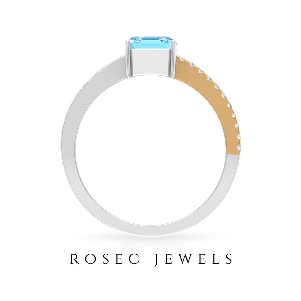 6 MM Two Tone Asscher Cut Swiss Blue Topaz Solitaire with Diamond Side Stone Ring Swiss Blue Topaz - ( AAA ) - Quality - Rosec Jewels