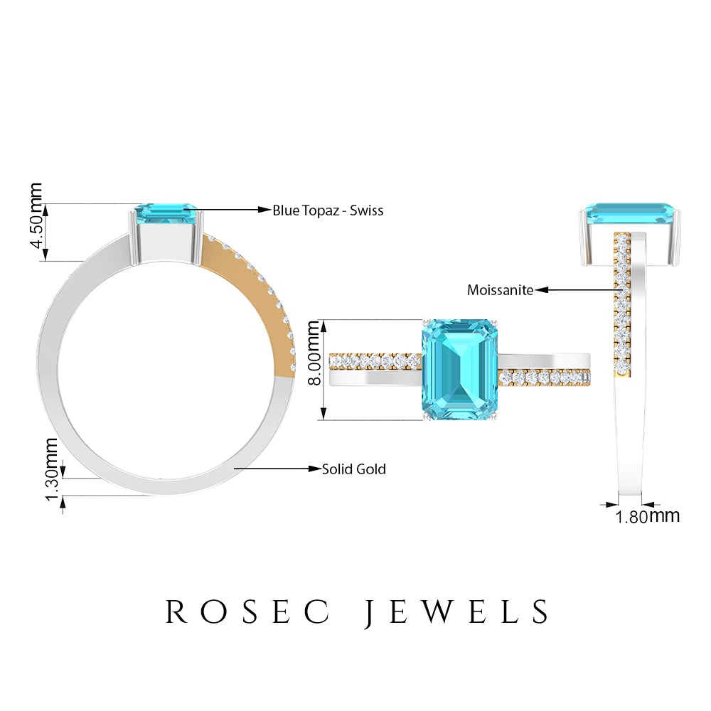 2.25 CT Two Tone Swiss Blue Topaz Solitaire with Diamond Side Stone Ring Swiss Blue Topaz - ( AAA ) - Quality - Rosec Jewels