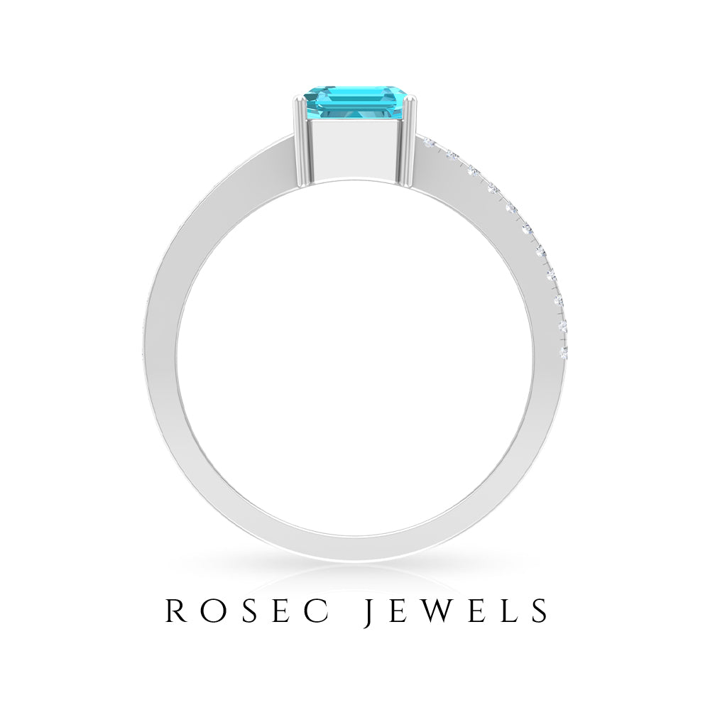 2.25 CT Two Tone Swiss Blue Topaz Solitaire with Diamond Side Stone Ring Swiss Blue Topaz - ( AAA ) - Quality - Rosec Jewels