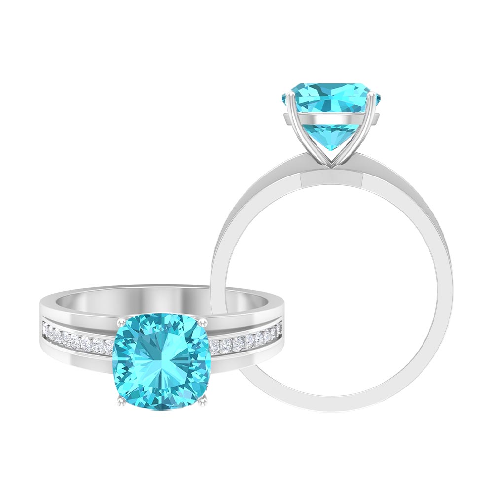 2.5 CT Cushion Cut Swiss Blue Topaz Solitaire with Diamond Two Tone Ring Swiss Blue Topaz - ( AAA ) - Quality - Rosec Jewels