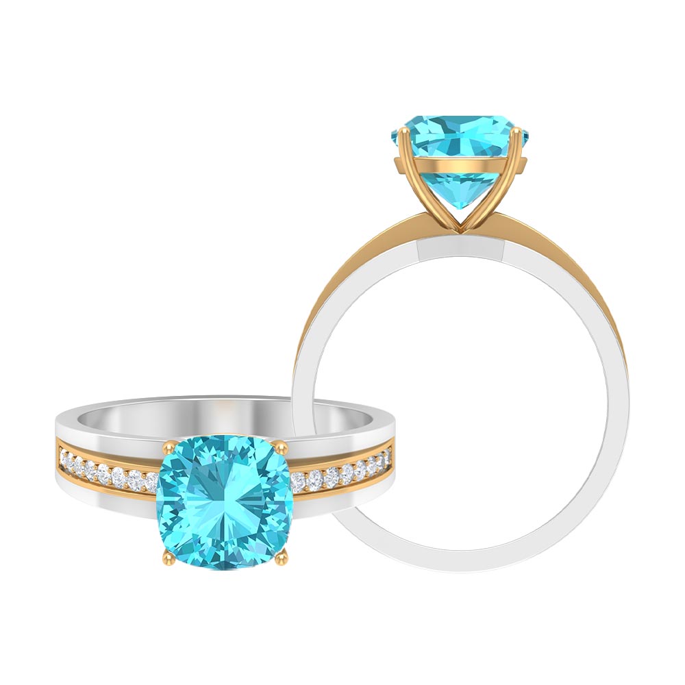 2.5 CT Cushion Cut Swiss Blue Topaz Solitaire with Diamond Two Tone Ring Swiss Blue Topaz - ( AAA ) - Quality - Rosec Jewels