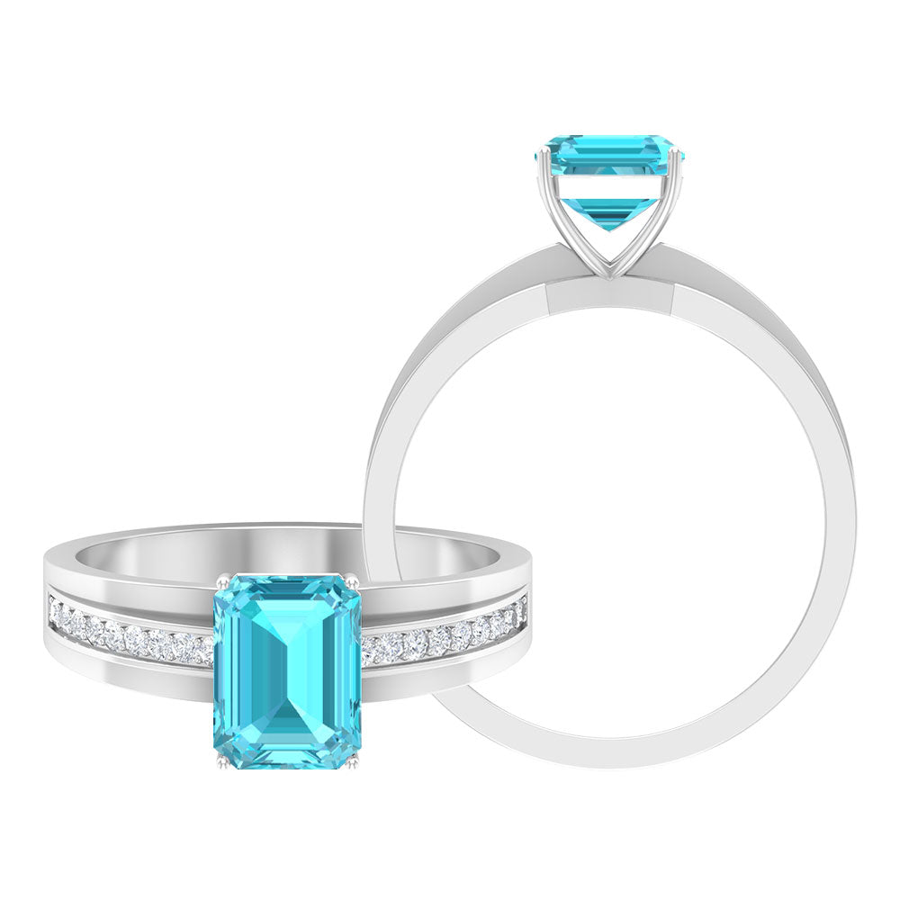 6X8 MM Emerald Cut Swiss Blue Topaz Solitaire with Diamond Two Tone Ring Swiss Blue Topaz - ( AAA ) - Quality - Rosec Jewels