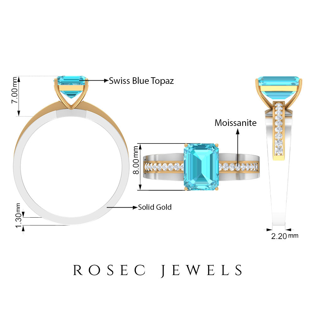 6X8 MM Emerald Cut Swiss Blue Topaz Solitaire with Diamond Two Tone Ring Swiss Blue Topaz - ( AAA ) - Quality - Rosec Jewels