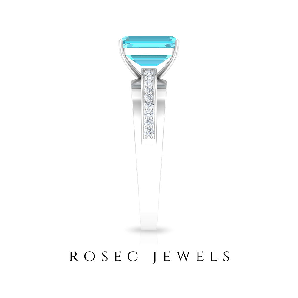 6X8 MM Emerald Cut Swiss Blue Topaz Solitaire with Diamond Two Tone Ring Swiss Blue Topaz - ( AAA ) - Quality - Rosec Jewels