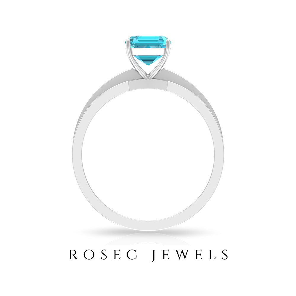 6X8 MM Emerald Cut Swiss Blue Topaz Solitaire with Diamond Two Tone Ring Swiss Blue Topaz - ( AAA ) - Quality - Rosec Jewels