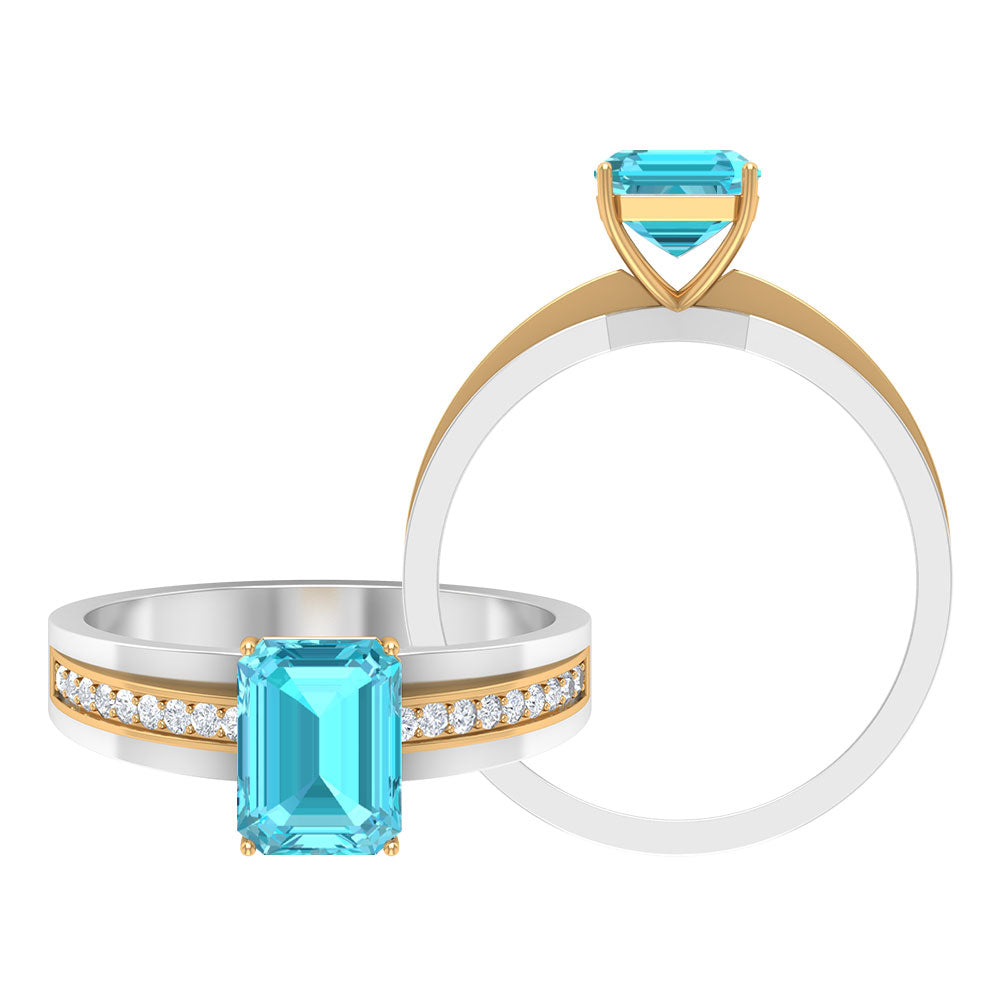 6X8 MM Emerald Cut Swiss Blue Topaz Solitaire with Diamond Two Tone Ring Swiss Blue Topaz - ( AAA ) - Quality - Rosec Jewels