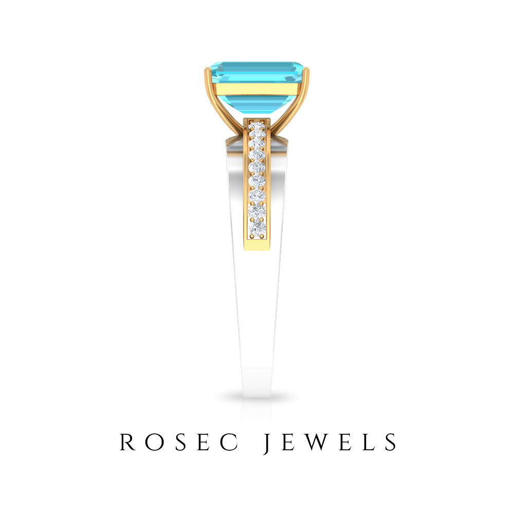 6X8 MM Emerald Cut Swiss Blue Topaz Solitaire with Diamond Two Tone Ring Swiss Blue Topaz - ( AAA ) - Quality - Rosec Jewels