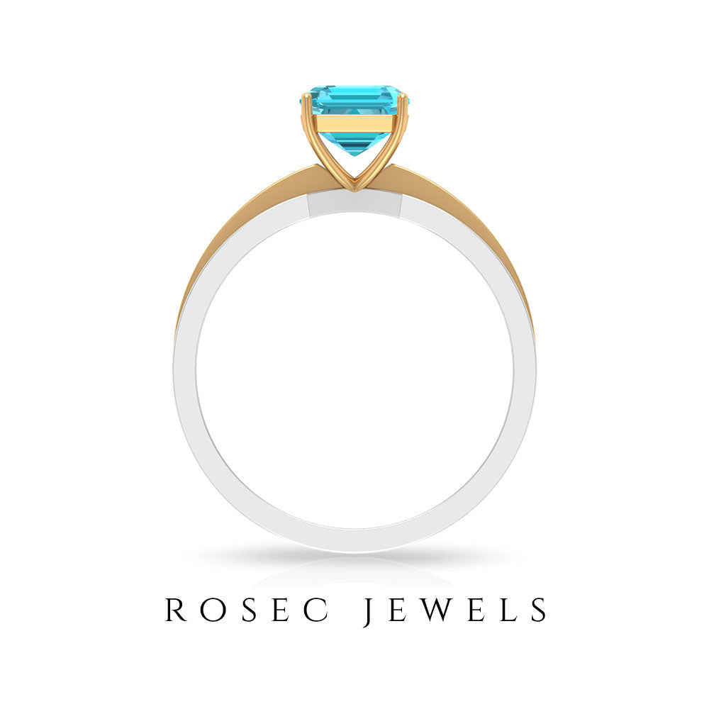 6X8 MM Emerald Cut Swiss Blue Topaz Solitaire with Diamond Two Tone Ring Swiss Blue Topaz - ( AAA ) - Quality - Rosec Jewels