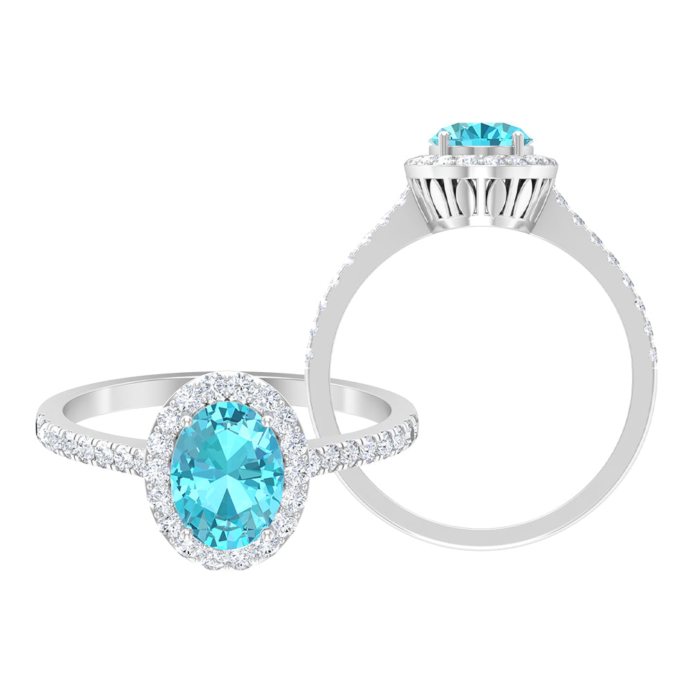 8X6 MM Oval Shape Swiss Blue Topaz Solitaire with Diamond Halo Ring Swiss Blue Topaz - ( AAA ) - Quality - Rosec Jewels