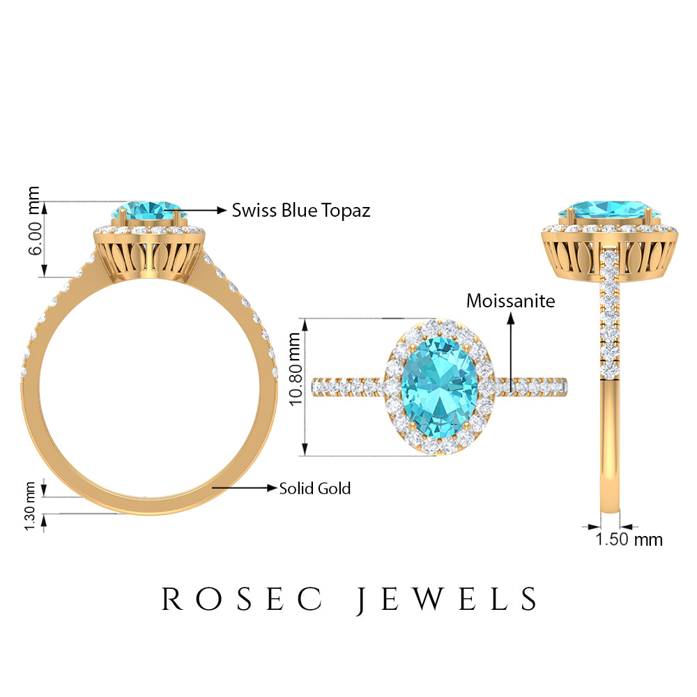 8X6 MM Oval Shape Swiss Blue Topaz Solitaire with Diamond Halo Ring Swiss Blue Topaz - ( AAA ) - Quality - Rosec Jewels