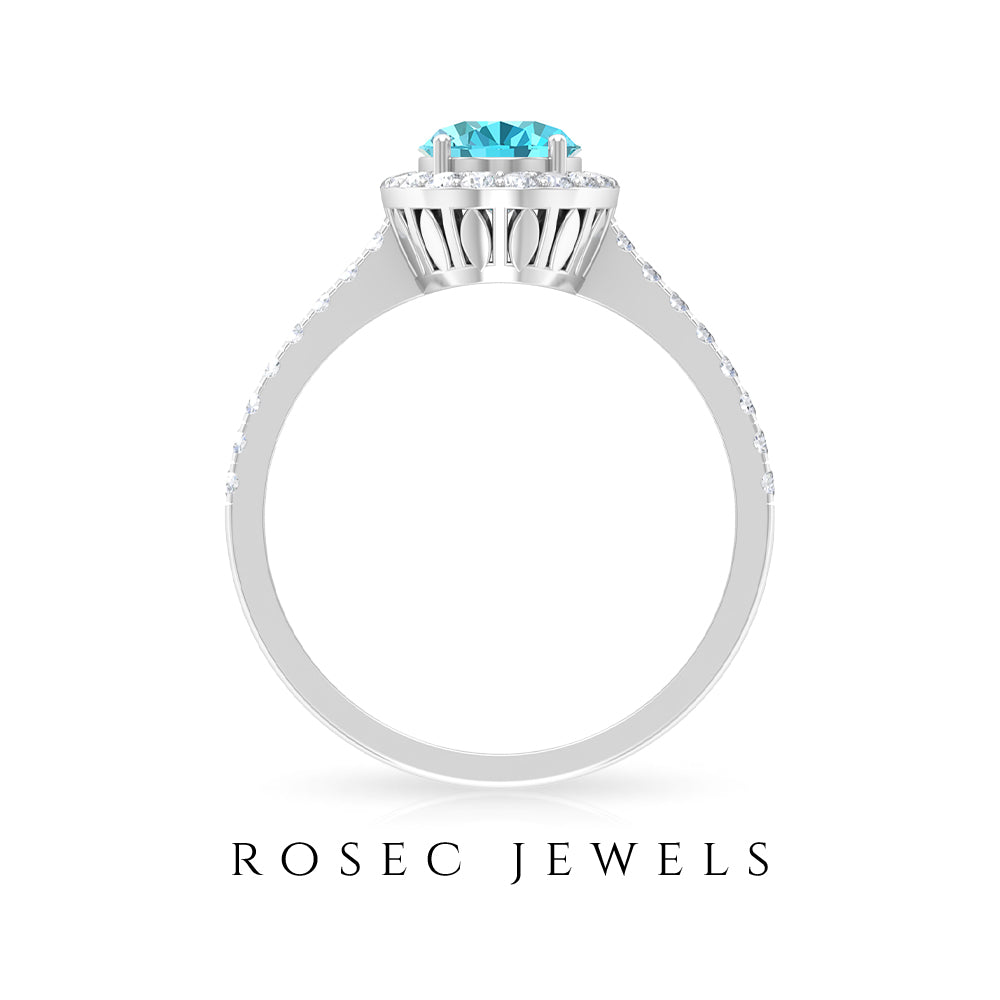 8X6 MM Oval Shape Swiss Blue Topaz Solitaire with Diamond Halo Ring Swiss Blue Topaz - ( AAA ) - Quality - Rosec Jewels