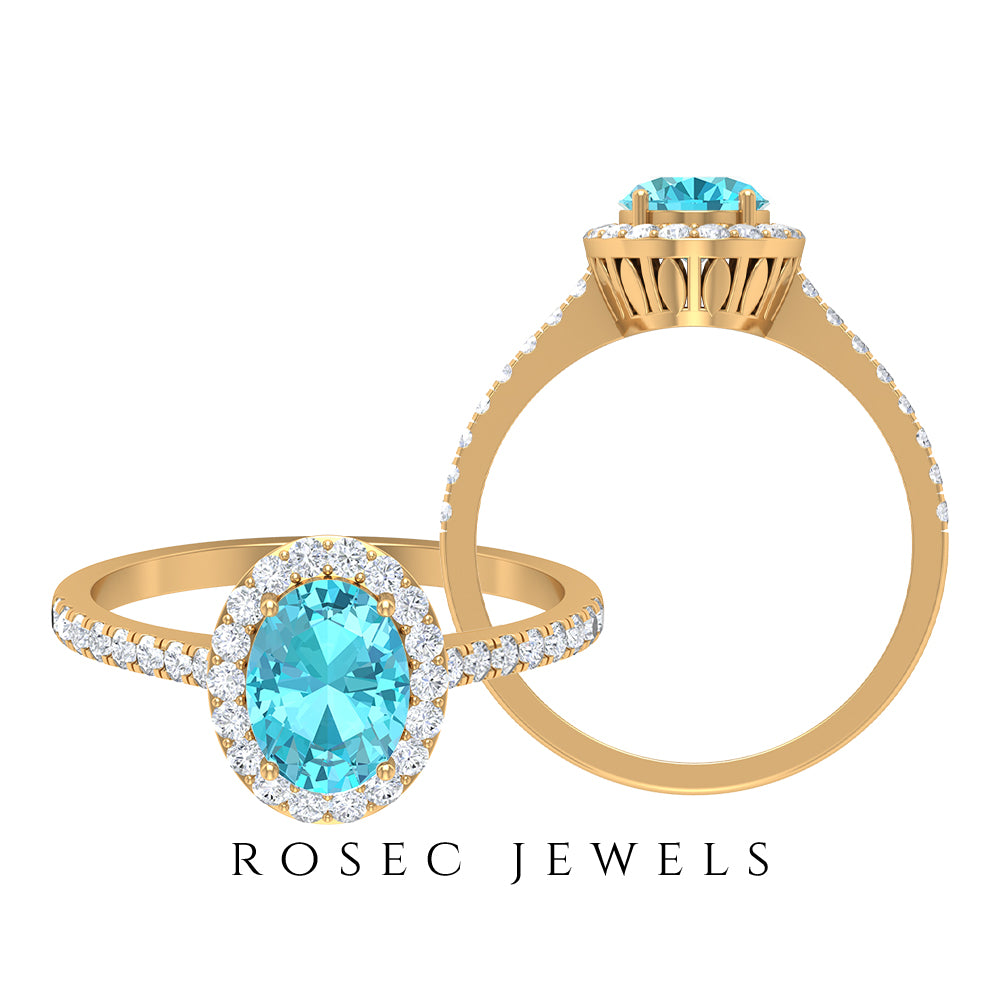 8X6 MM Oval Shape Swiss Blue Topaz Solitaire with Diamond Halo Ring Swiss Blue Topaz - ( AAA ) - Quality - Rosec Jewels