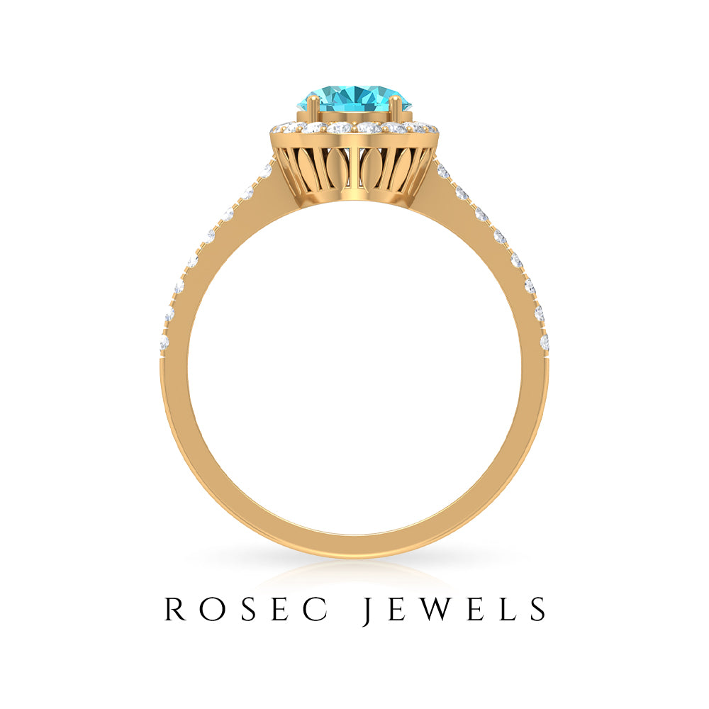 8X6 MM Oval Shape Swiss Blue Topaz Solitaire with Diamond Halo Ring Swiss Blue Topaz - ( AAA ) - Quality - Rosec Jewels