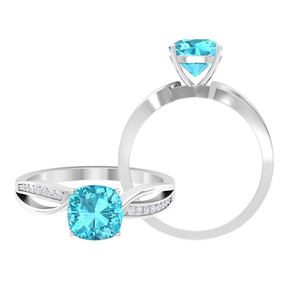 1.50 CT Two Tone Cushion Cut Swiss Blue Topaz Solitaire with Diamond Split Shank Ring Swiss Blue Topaz - ( AAA ) - Quality - Rosec Jewels