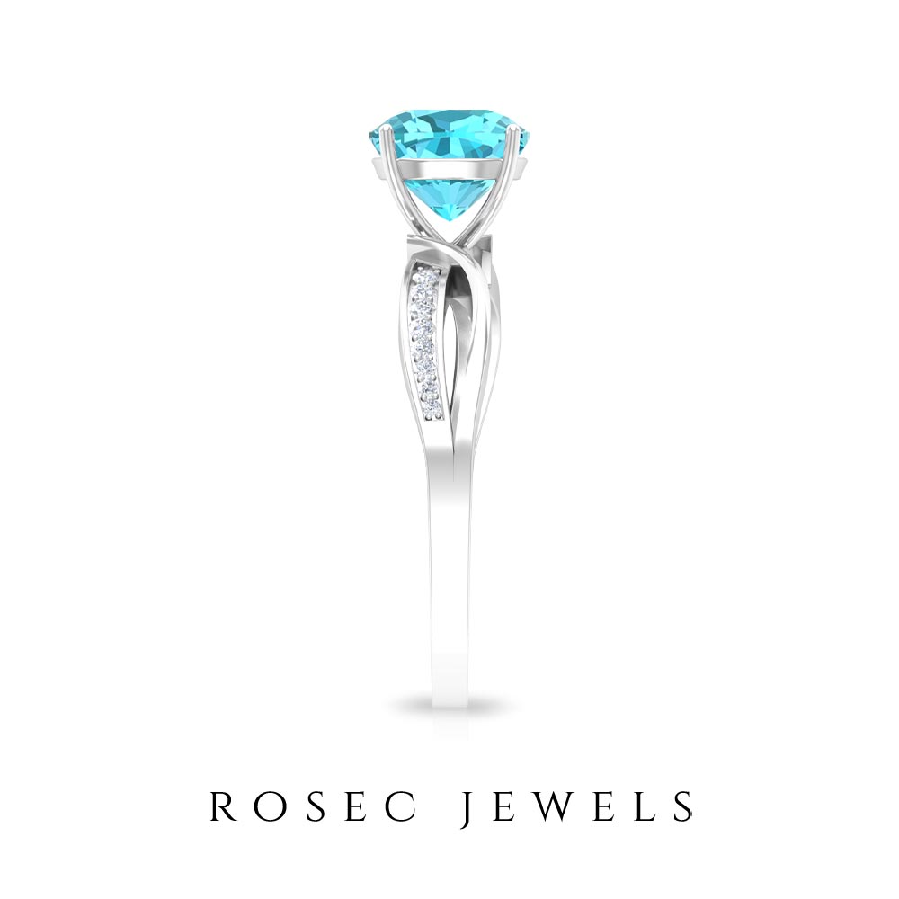 1.50 CT Two Tone Cushion Cut Swiss Blue Topaz Solitaire with Diamond Split Shank Ring Swiss Blue Topaz - ( AAA ) - Quality - Rosec Jewels