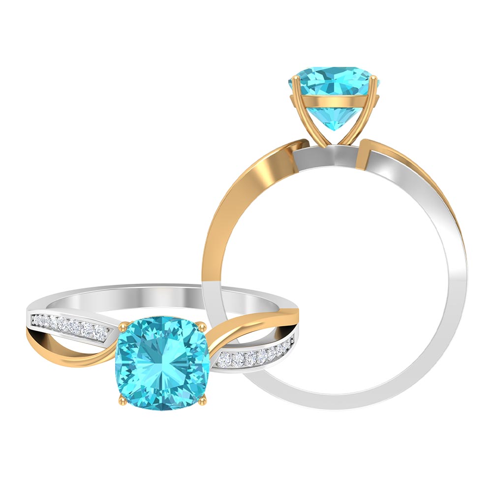 1.50 CT Two Tone Cushion Cut Swiss Blue Topaz Solitaire with Diamond Split Shank Ring Swiss Blue Topaz - ( AAA ) - Quality - Rosec Jewels