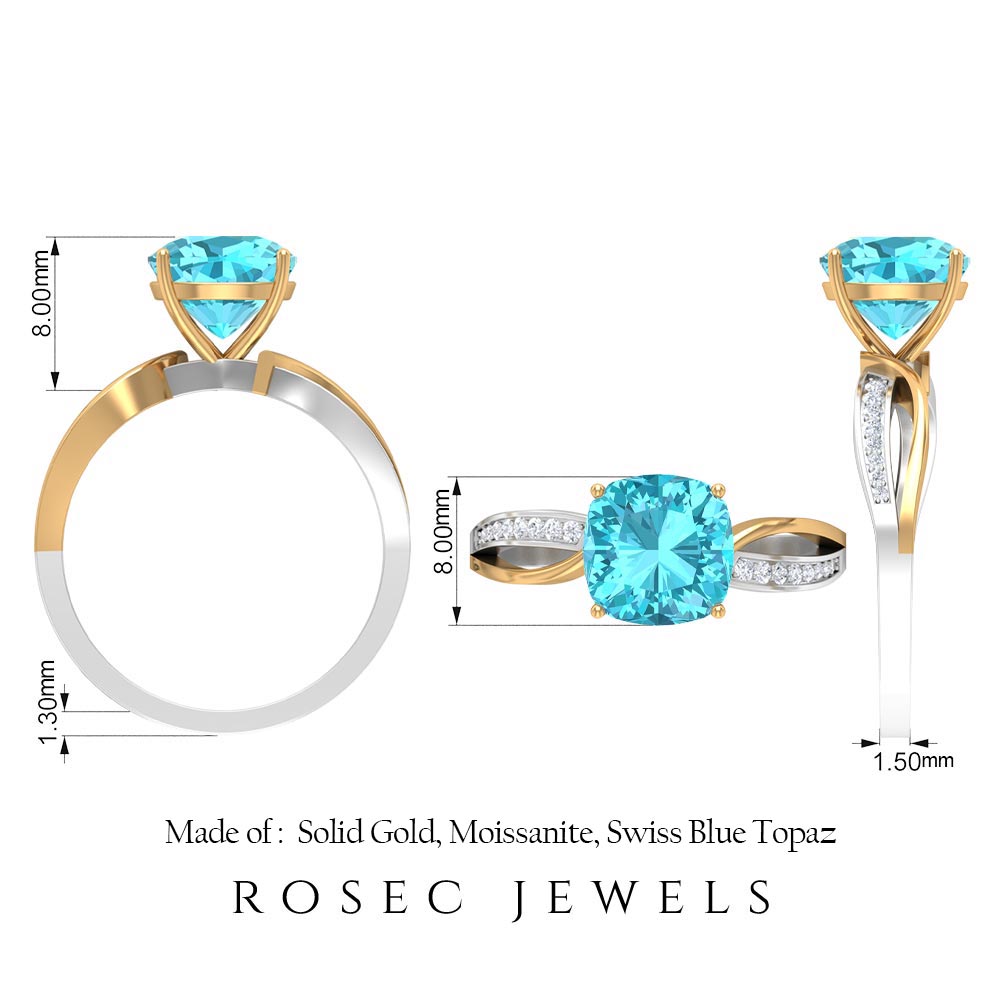 1.50 CT Two Tone Cushion Cut Swiss Blue Topaz Solitaire with Diamond Split Shank Ring Swiss Blue Topaz - ( AAA ) - Quality - Rosec Jewels