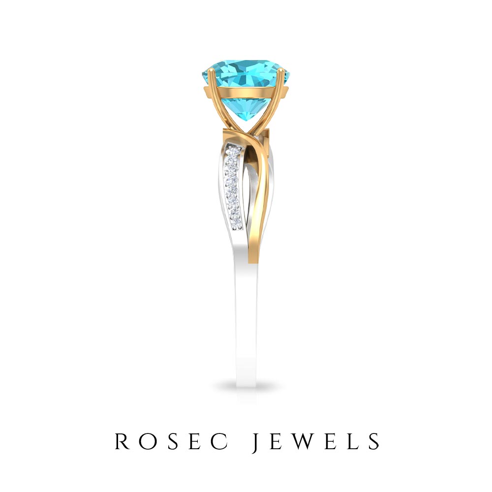 1.50 CT Two Tone Cushion Cut Swiss Blue Topaz Solitaire with Diamond Split Shank Ring Swiss Blue Topaz - ( AAA ) - Quality - Rosec Jewels