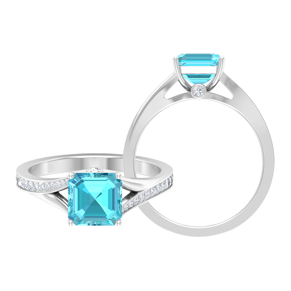 7 MM Asscher Cut Swiss Blue Topaz Solitaire with Diamond Split Shank Ring Swiss Blue Topaz - ( AAA ) - Quality - Rosec Jewels