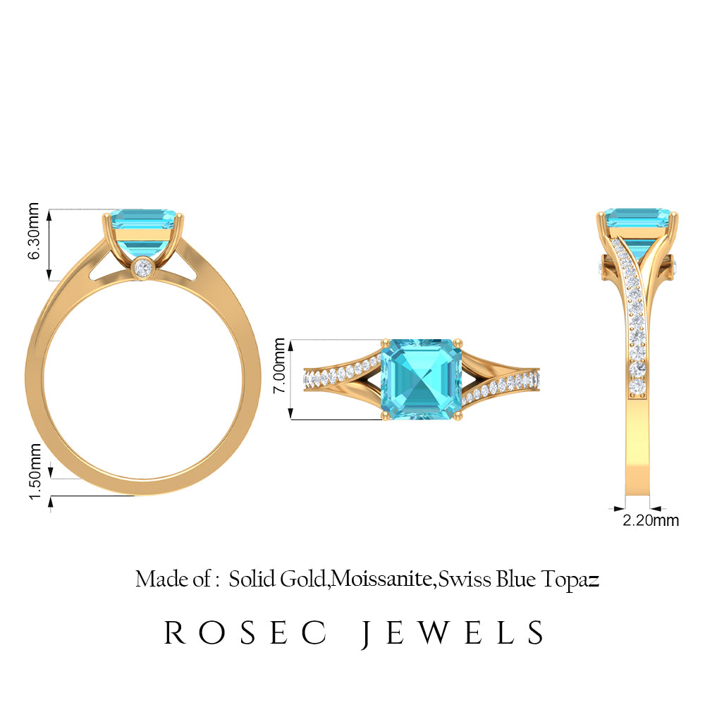 7 MM Asscher Cut Swiss Blue Topaz Solitaire with Diamond Split Shank Ring Swiss Blue Topaz - ( AAA ) - Quality - Rosec Jewels