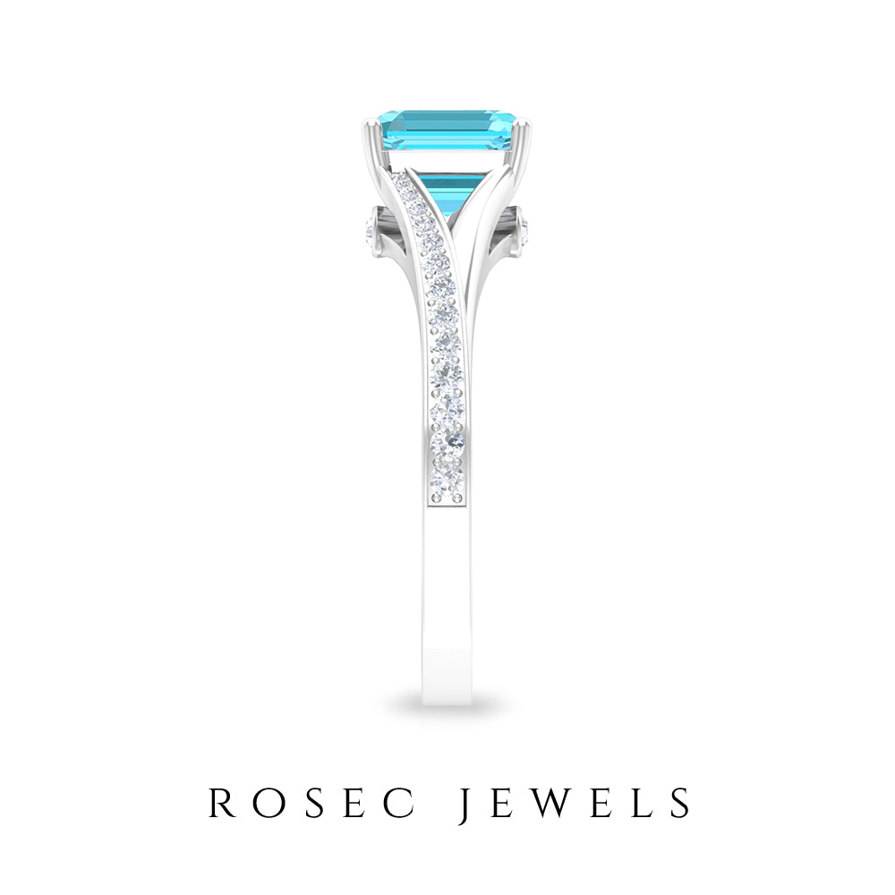 7 MM Asscher Cut Swiss Blue Topaz Solitaire with Diamond Split Shank Ring Swiss Blue Topaz - ( AAA ) - Quality - Rosec Jewels