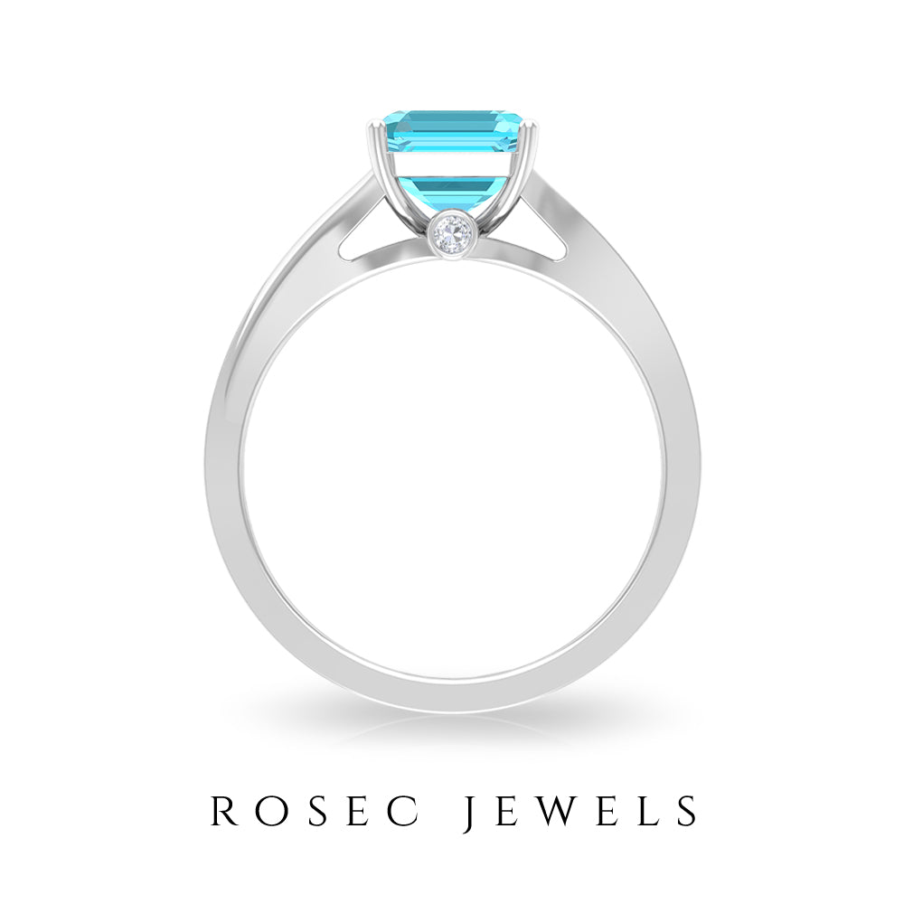 7 MM Asscher Cut Swiss Blue Topaz Solitaire with Diamond Split Shank Ring Swiss Blue Topaz - ( AAA ) - Quality - Rosec Jewels