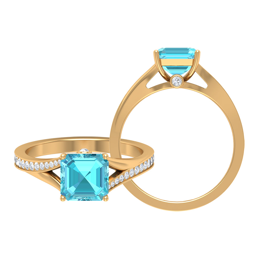 7 MM Asscher Cut Swiss Blue Topaz Solitaire with Diamond Split Shank Ring Swiss Blue Topaz - ( AAA ) - Quality - Rosec Jewels