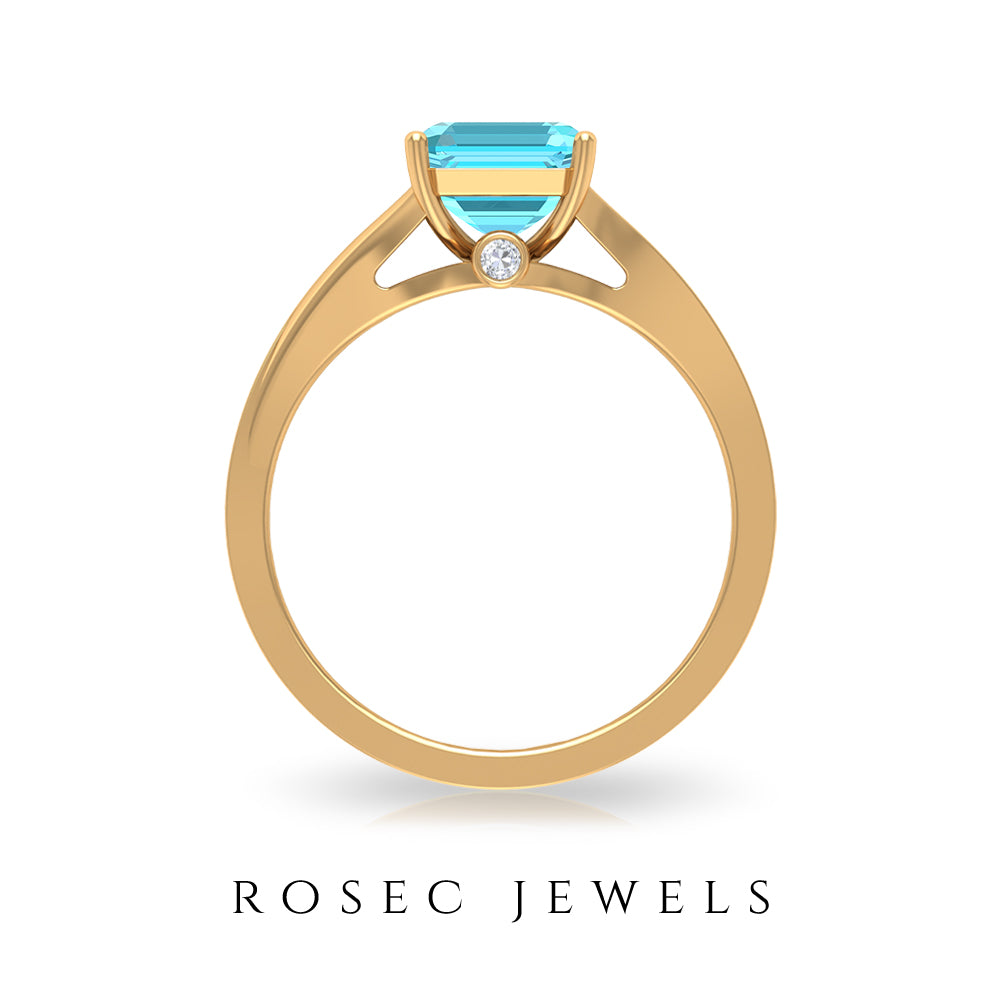 7 MM Asscher Cut Swiss Blue Topaz Solitaire with Diamond Split Shank Ring Swiss Blue Topaz - ( AAA ) - Quality - Rosec Jewels