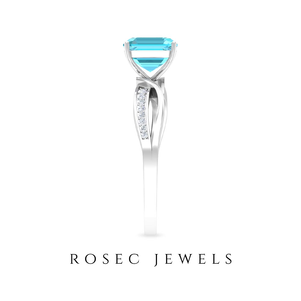 2.25 CT Two Tone Asscher Cut Swiss Blue Topaz Solitaire with Diamond Side Stone Ring Swiss Blue Topaz - ( AAA ) - Quality - Rosec Jewels