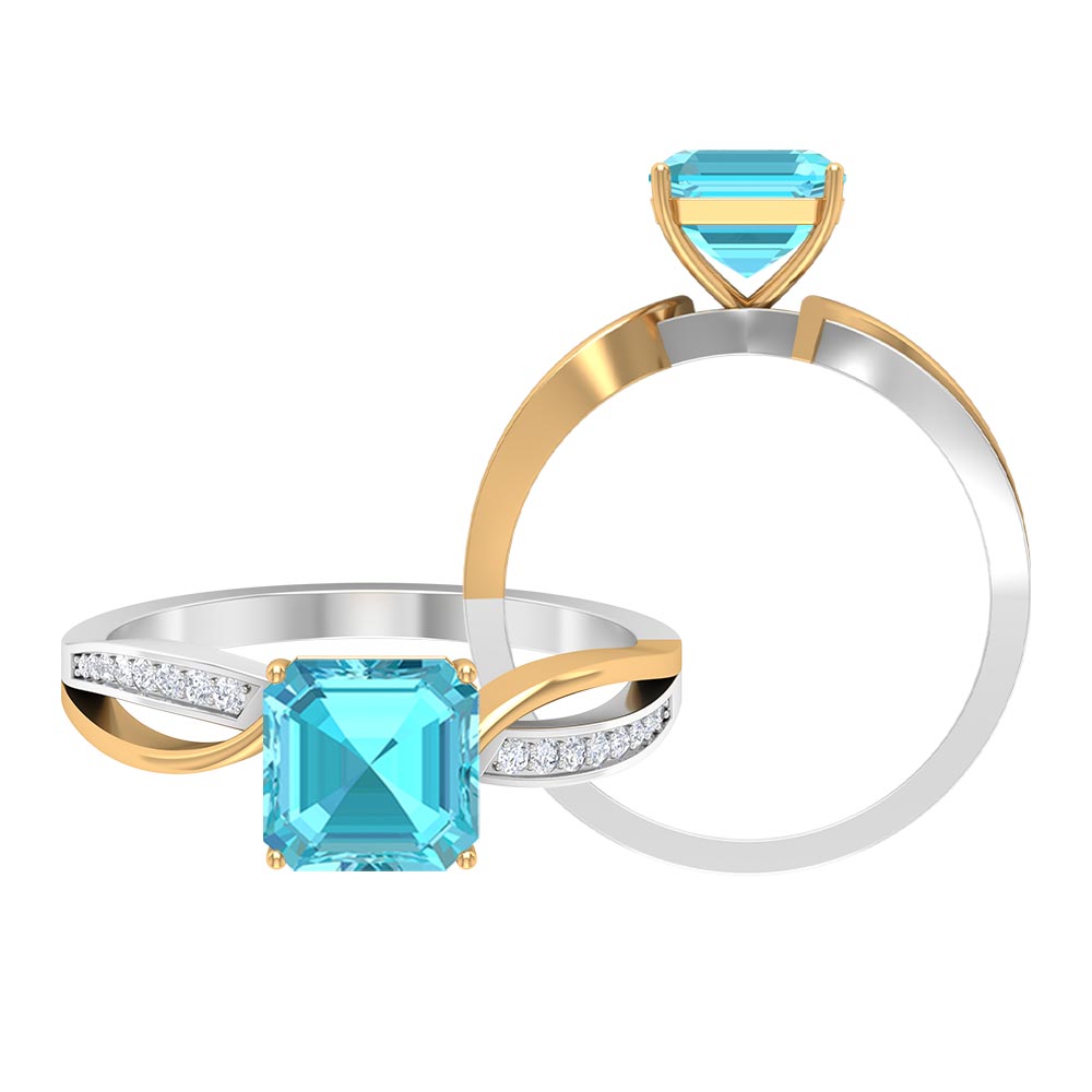 2.25 CT Two Tone Asscher Cut Swiss Blue Topaz Solitaire with Diamond Side Stone Ring Swiss Blue Topaz - ( AAA ) - Quality - Rosec Jewels