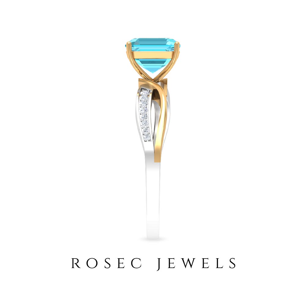 2.25 CT Two Tone Asscher Cut Swiss Blue Topaz Solitaire with Diamond Side Stone Ring Swiss Blue Topaz - ( AAA ) - Quality - Rosec Jewels