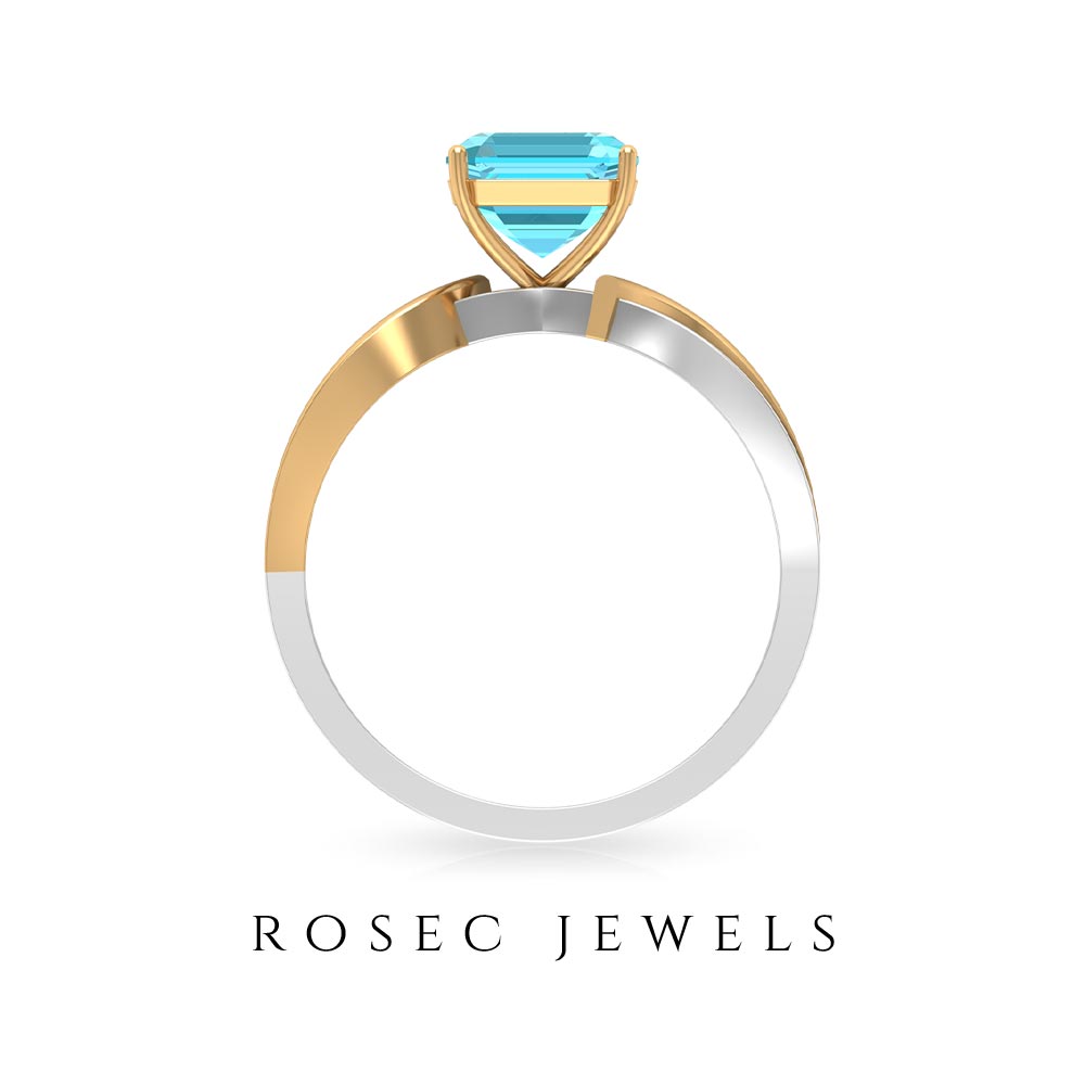 2.25 CT Two Tone Asscher Cut Swiss Blue Topaz Solitaire with Diamond Side Stone Ring Swiss Blue Topaz - ( AAA ) - Quality - Rosec Jewels