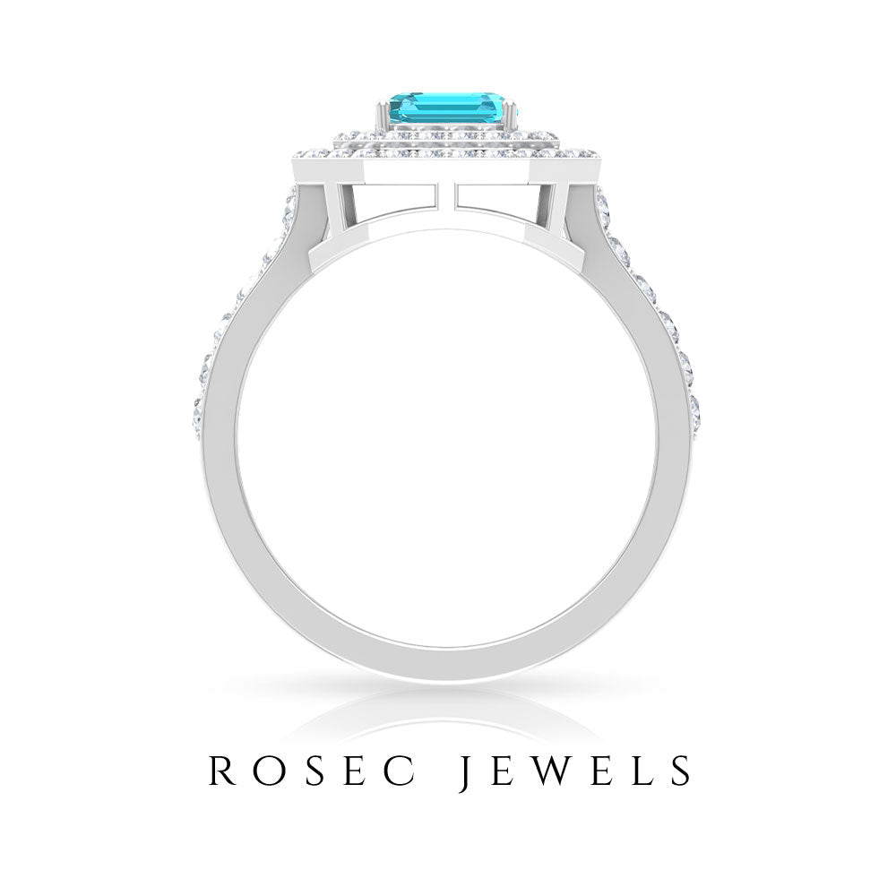 6X8 MM Octagon Cut Swiss Blue Topaz Solitaire with Moissanite Double Halo Ring Swiss Blue Topaz - ( AAA ) - Quality - Rosec Jewels