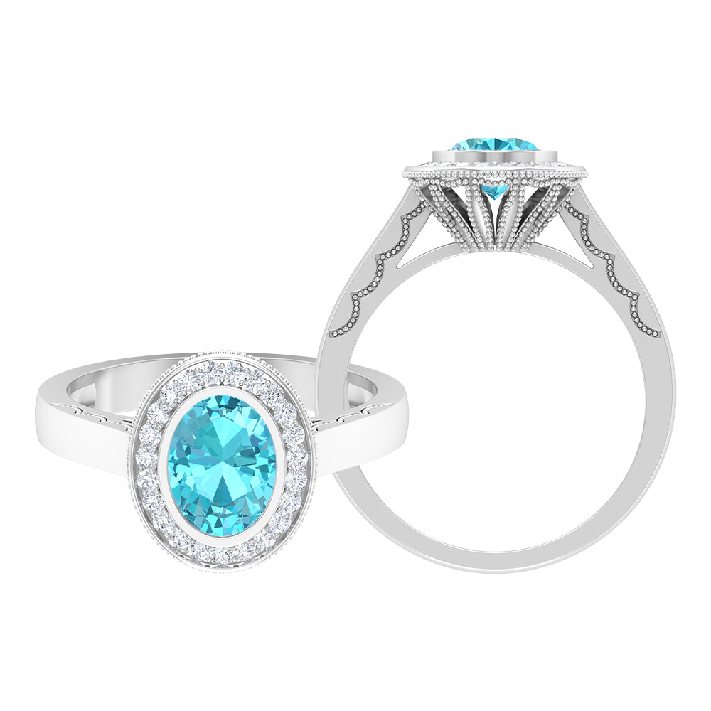 8X6 MM Oval Cut Swiss Blue Topaz Solitaire with Diamond Milgrain Ring Swiss Blue Topaz - ( AAA ) - Quality - Rosec Jewels