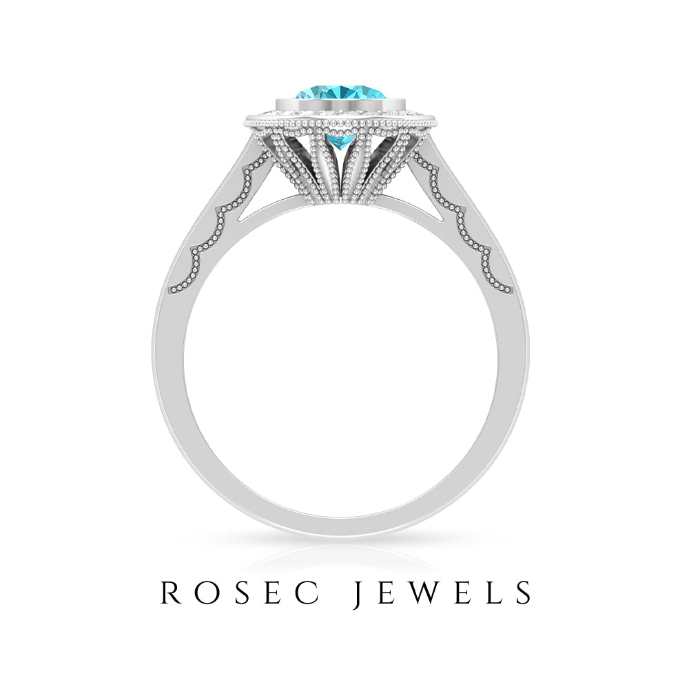 8X6 MM Oval Cut Swiss Blue Topaz Solitaire with Diamond Milgrain Ring Swiss Blue Topaz - ( AAA ) - Quality - Rosec Jewels