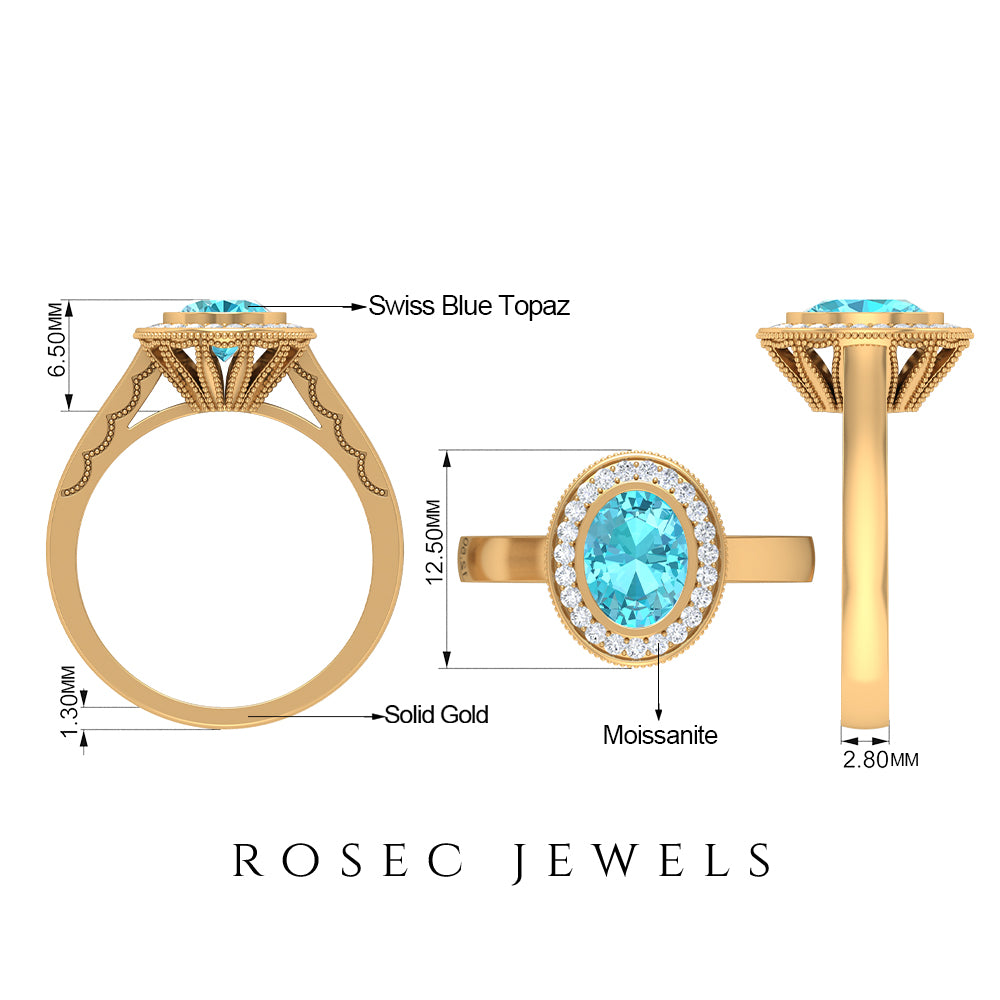 8X6 MM Oval Cut Swiss Blue Topaz Solitaire with Diamond Milgrain Ring Swiss Blue Topaz - ( AAA ) - Quality - Rosec Jewels